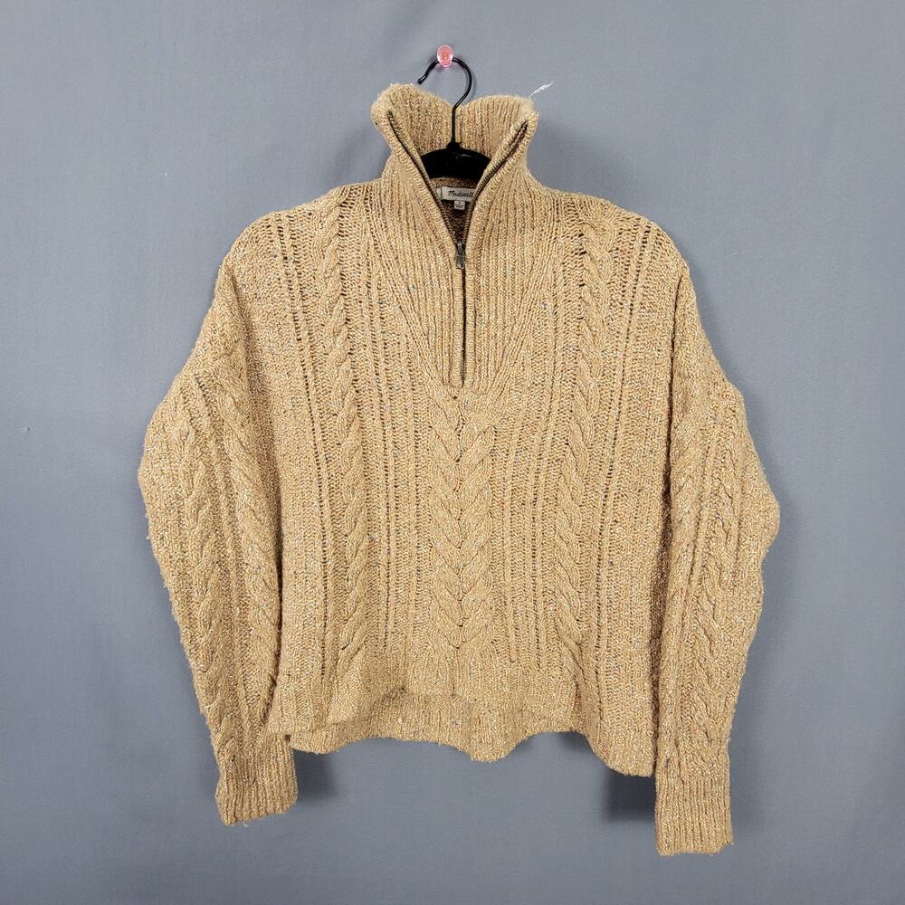 Madewell Chunky Cable Knit Half Zip Mock Neck Wool Silk Blend Sweater